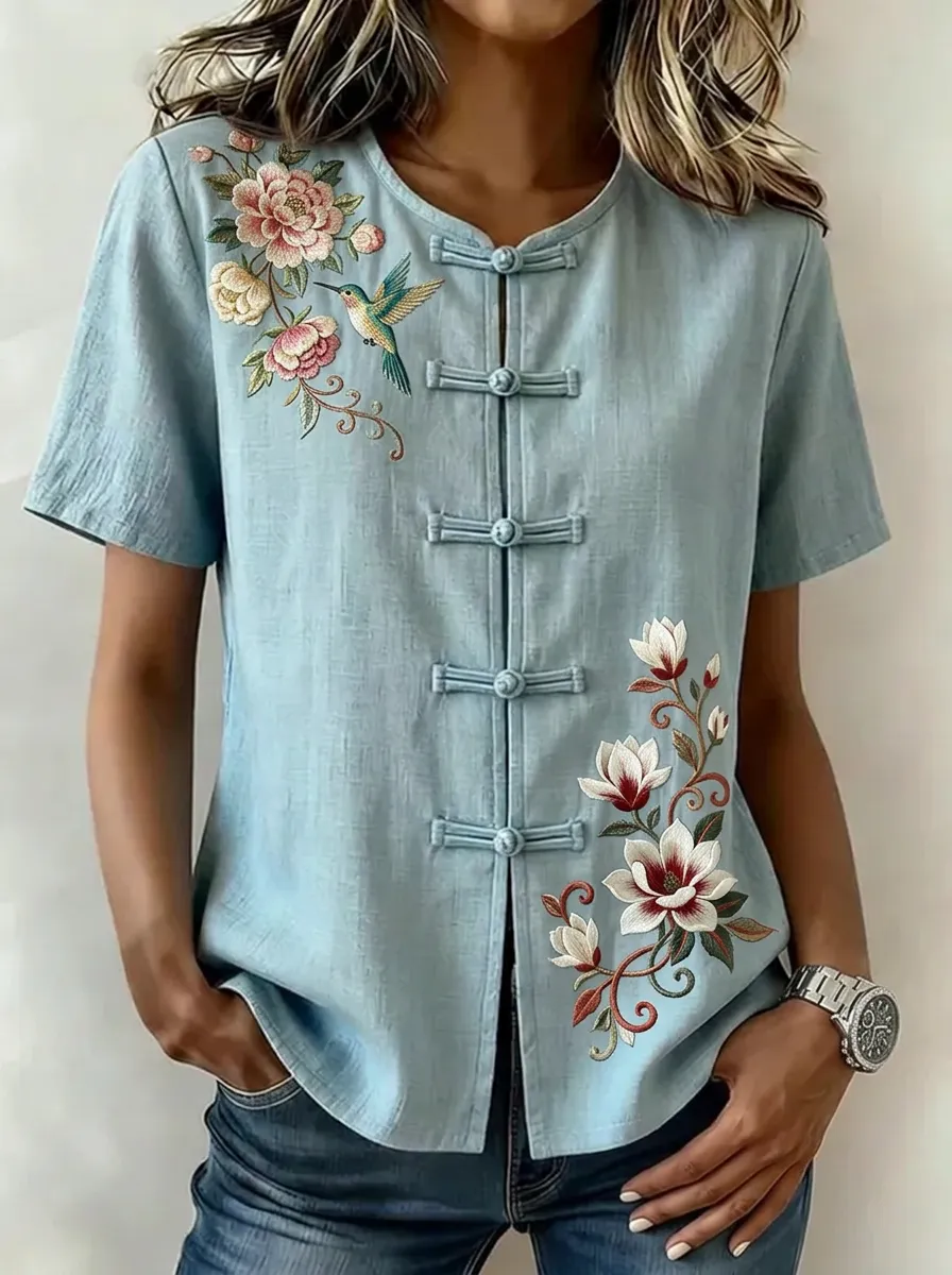 Women's Nashville Floral Hummingbird Embroidered Printed Top
