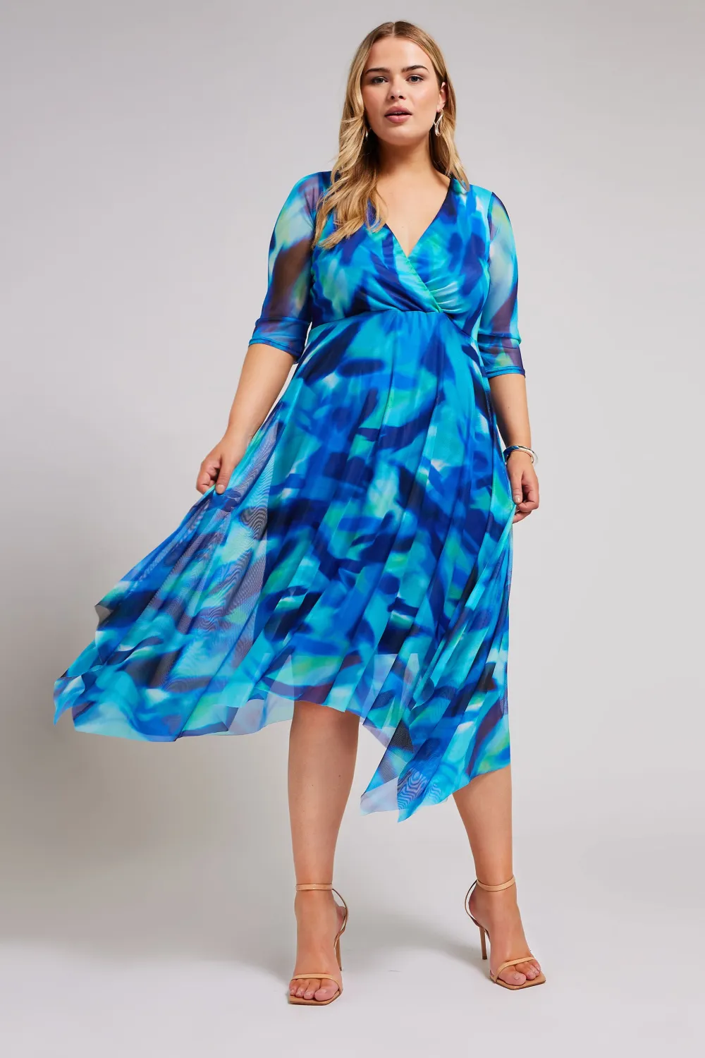 YOURS LONDON Curve Blue Abstract Print Wrap Mesh Dress