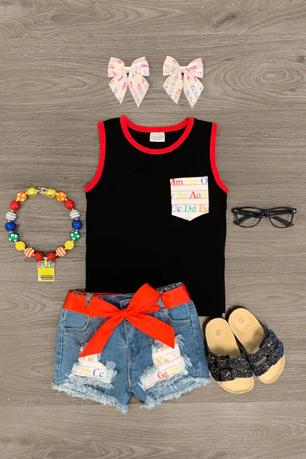 Black Alphabet Pocket Distressed Denim Short Set