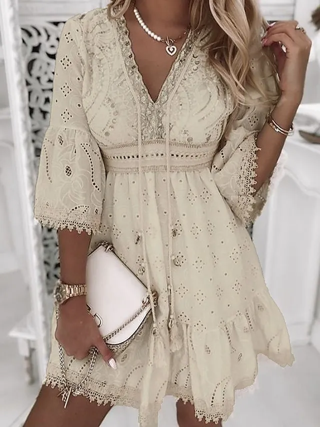Women‘s Party Dress Casual Dress Lace Dress Mini Dress White Beige 3/4 Length Sleeve Embroidery Ruched Summer Spring Fall V Neck Fashion Wedding Summer Dress Office 2023 S M L XL 2XL 3XL