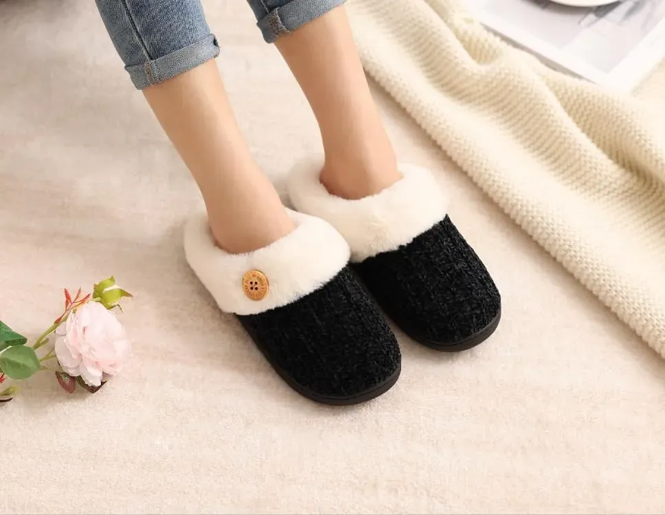 Warm Knit House Slippers for Women Comfy Wool-Like Lined Chenille Slippers with Memory Foam and Indoor Outdoor Soles