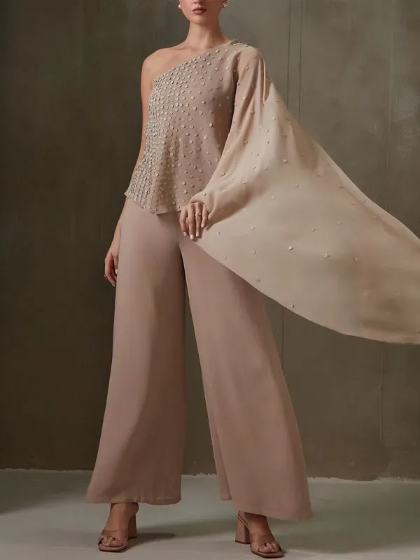 Fluttering Beaded Chiffon One Shoulder Women's Sets