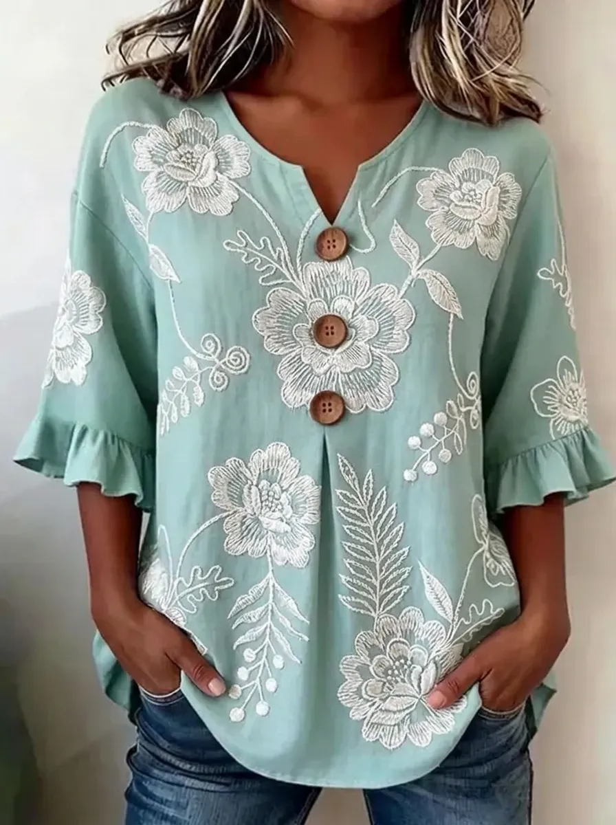 Women's Nashville Floral Embroidered Buttoned Ruffle Sleeve Top