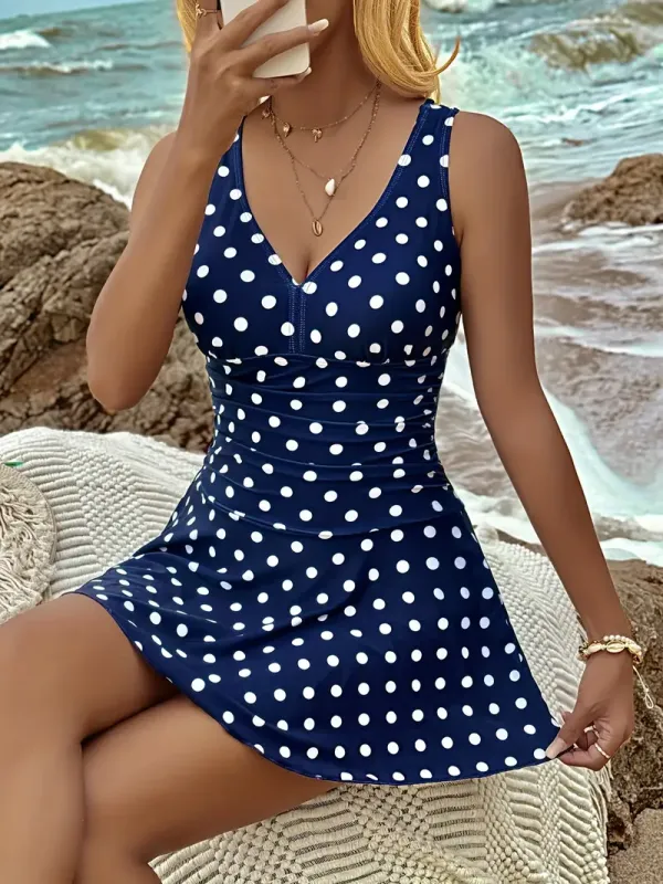 Polka Dot Print One-piece Swimsuit, V Neck Criss Cross Straps Skirted Style Bathing Suits - Polyester - For Women - Perfect for Beach Vacations & Pool Parties - Ideal Gift for Summer