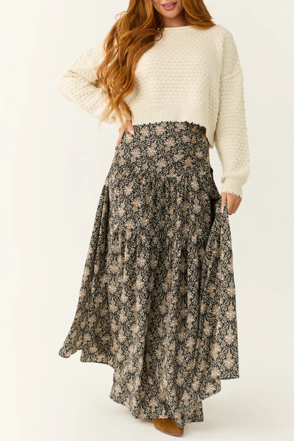 Cream Patterned Knit Mid Length Sweater