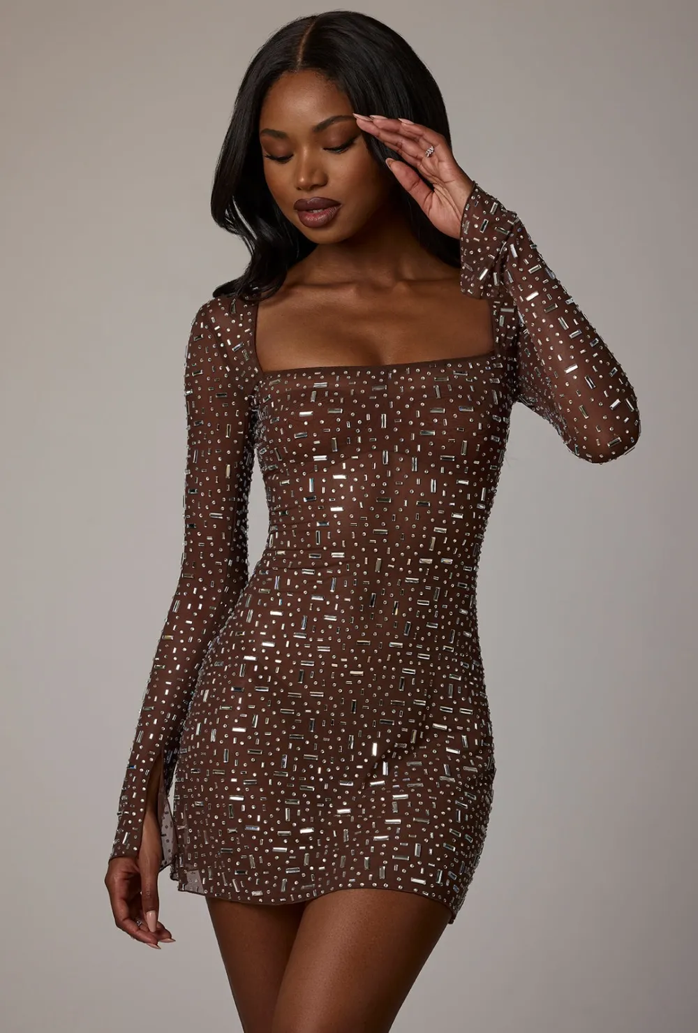 Sheer Embellished Long Sleeve A-Line Mini Dress - Almond
