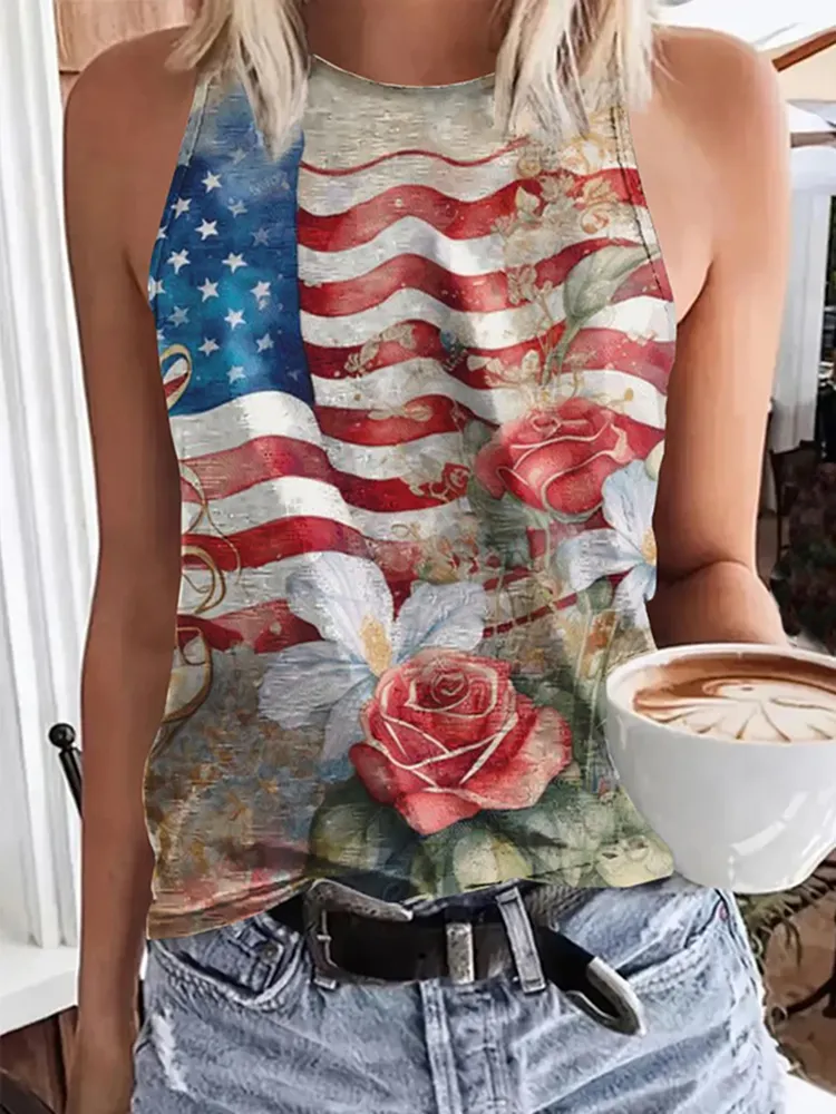 Women's Independence Day Floral Printed Tank Top