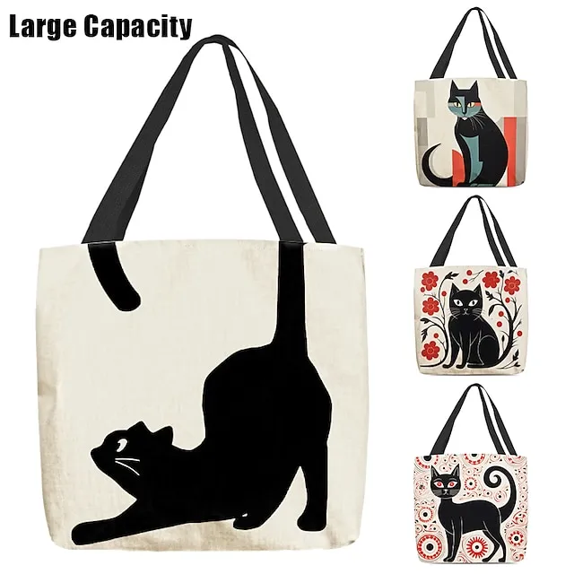 Women's Tote Shoulder Bag Canvas Tote Bag Customize Oxford Cloth Shopping Holiday Print Large Capacity Foldable Lightweight Cat Black / Red Custom Print White