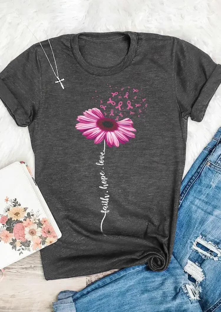 Sunflower Ribbon Faith Hope Love T-Shirt Tee - Dark Grey
