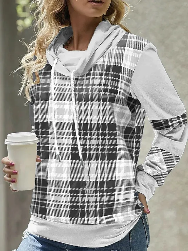 Women's Hoodie Sweatshirt Pullover Sports Basic Drawstring Red Blue Purple Plaid Street Casual Hoodie Long Sleeve Top Micro-elastic Fall & Winter
