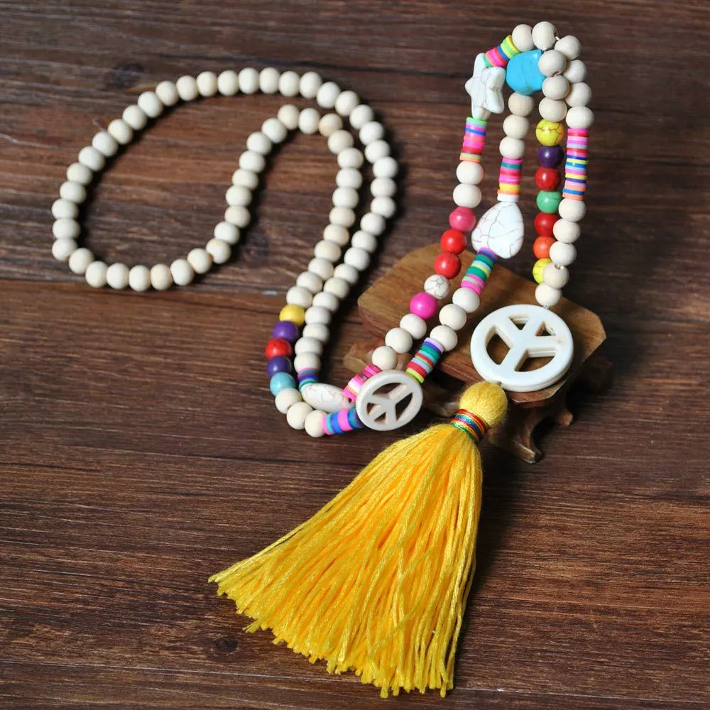 Boho Linen Dress Pendant Fringed Sweater Necklace