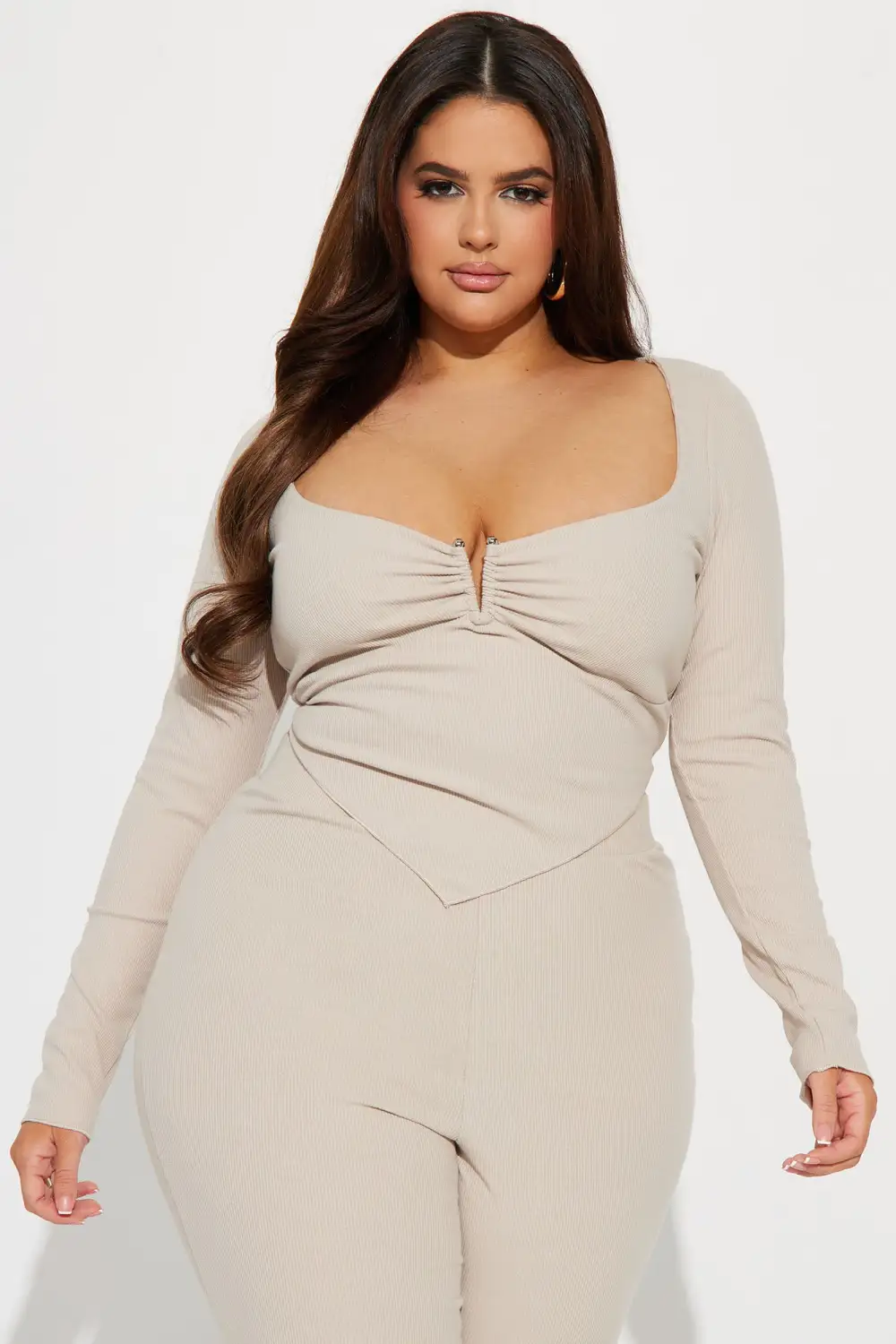 Looking Away Ribbed Pant Set - Beige