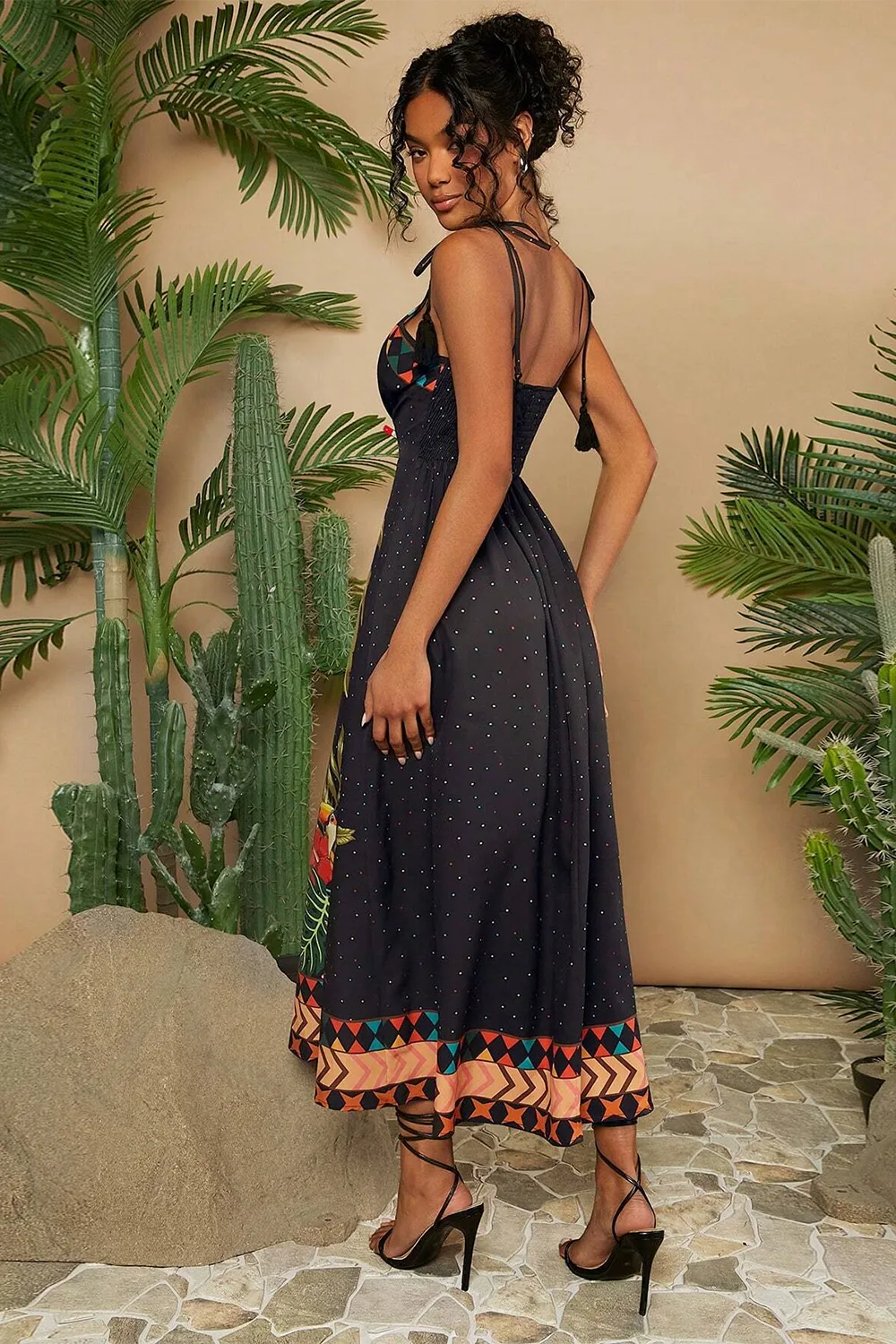 Plant Printed Shoulder Knot Summer Beach Women Dress