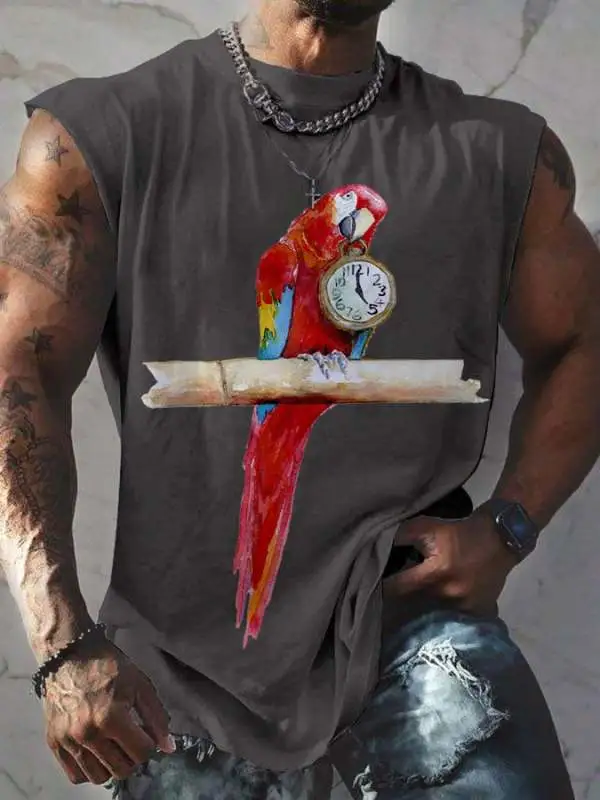 Men's 5 O'clock Parrot Print Round Neck Tank Top