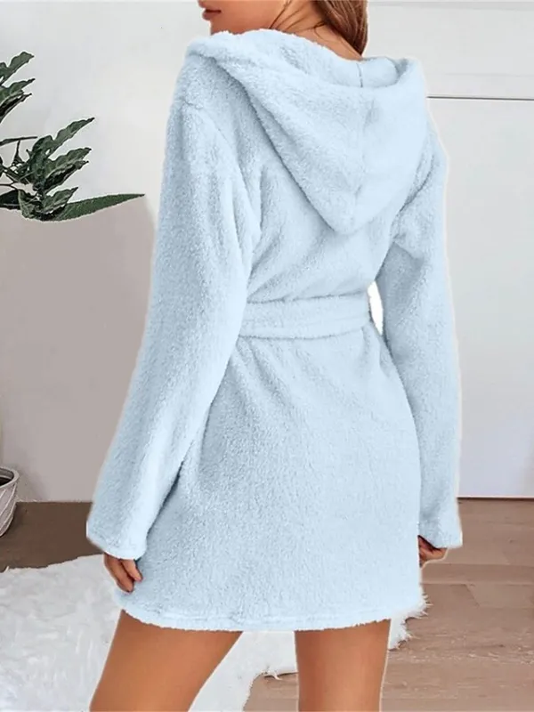 Women's Fleece Coral Robe Fluffy Fuzzy Bathrobe Pajama Robes Gown Pure Color Casual Comfort Soft Home Daily Bed Coral Velvet Warm Hoodie Long Sleeve Pocket Fall Winter Black White