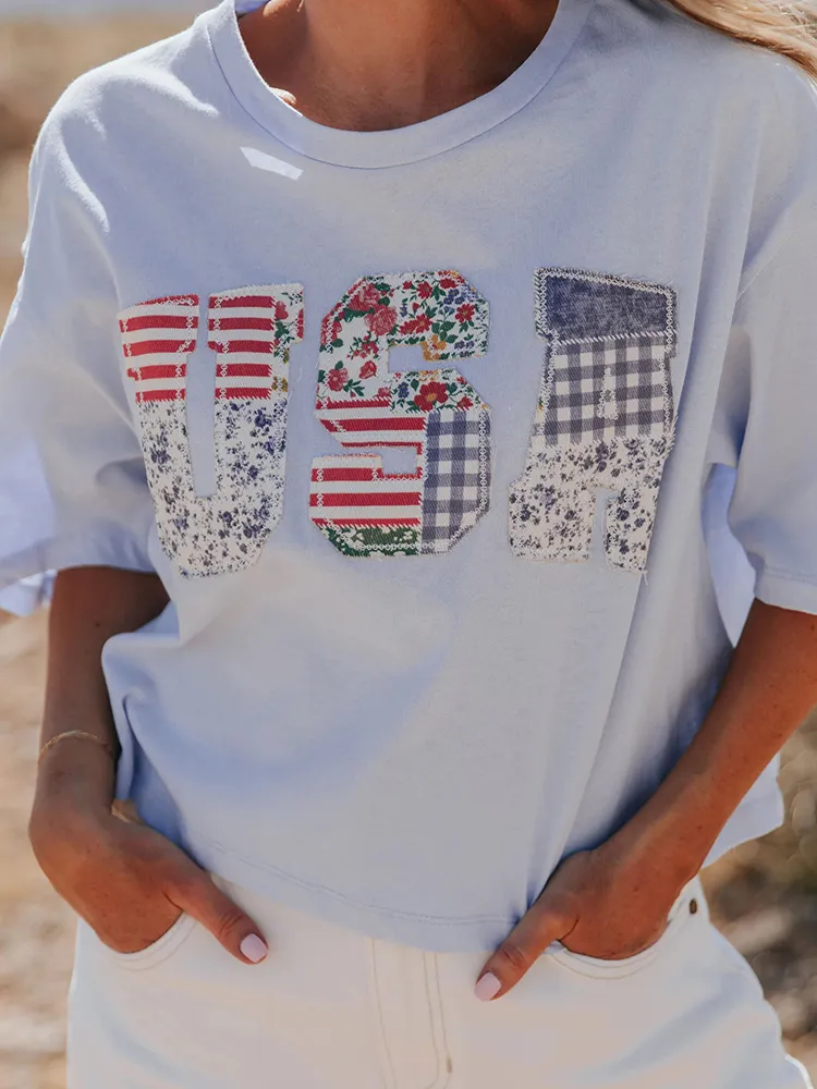 Women's Vintage The Floral Usa Patchwork Independence Day T-shirt
