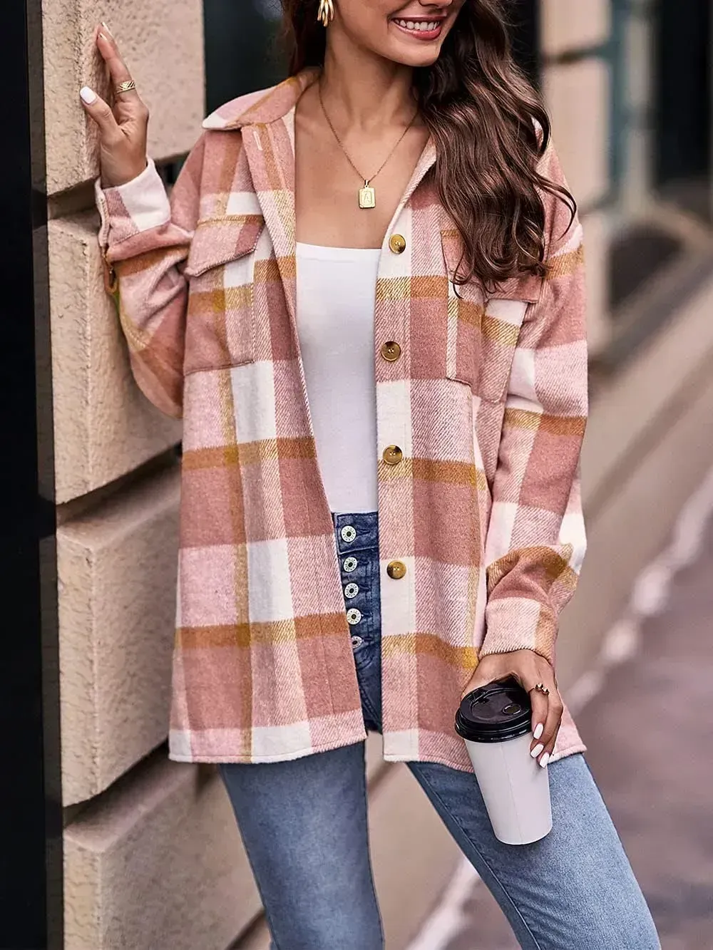 Women's 2023 Fall Clothes Plaid Shacket Jacket Long Sleeve Button Down Flannel Shirts Fashion Blouse