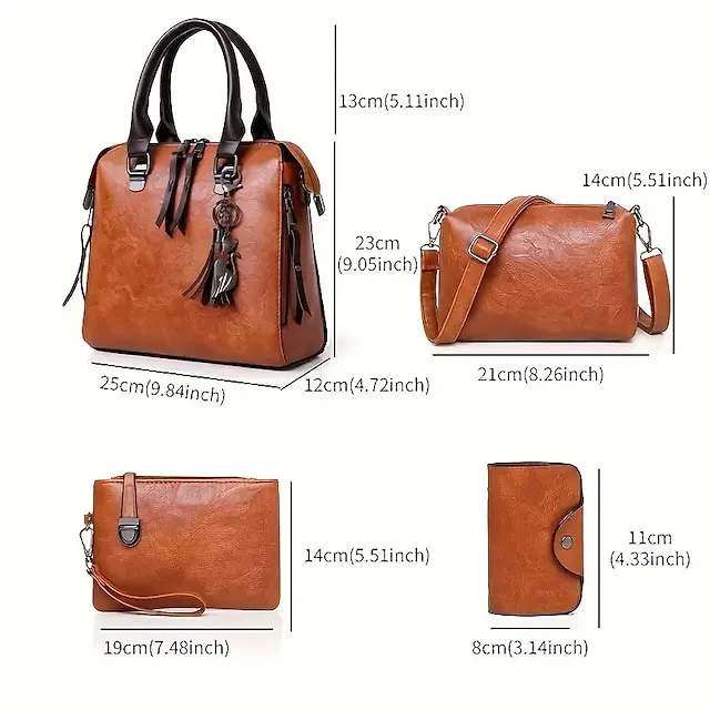 Boston Women's Handbag Set-PU Leather Shopping Bag-Zipper Adjustable Large Capacity Waterproof Bag-Set of 4