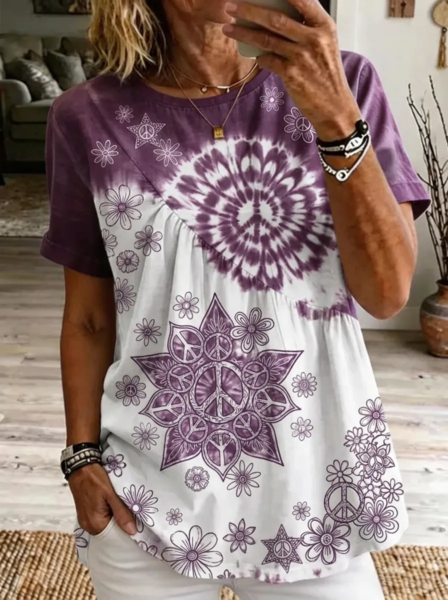 Women's Nashville Hippie Peace Sign Floral Printed T-shirt