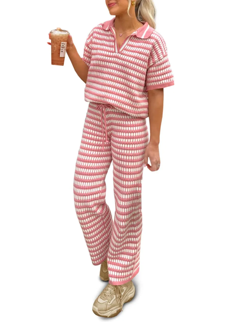 Womens 2 Piece Outfits Striped Short Sleeve Sweater Tops Knit Sets Wide Leg Pants Lounge Set
