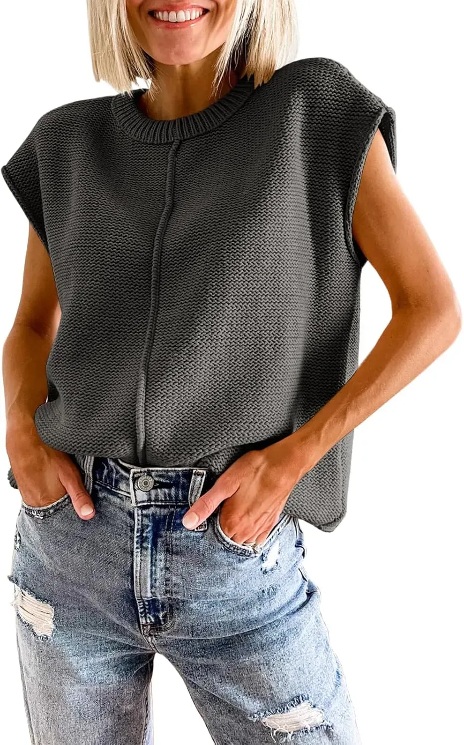 Saodimallsu Womens Summer Cap Sleeve Tops Casual Crew Neck Loose Fit Knit Lightweight Sweater Pullover Top