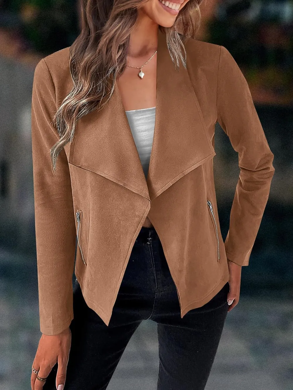 Women's Faux Suede Jackets 2023 Fall Clothes Long Sleeve Open Front Cropped Coat Outwear