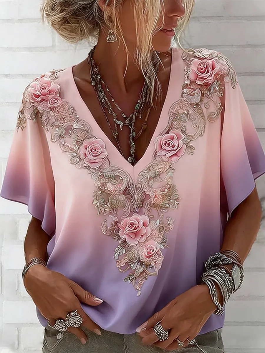 Women's Pink Rose Art Printed V-neck Short Sleeve Linen Blended T-shirt