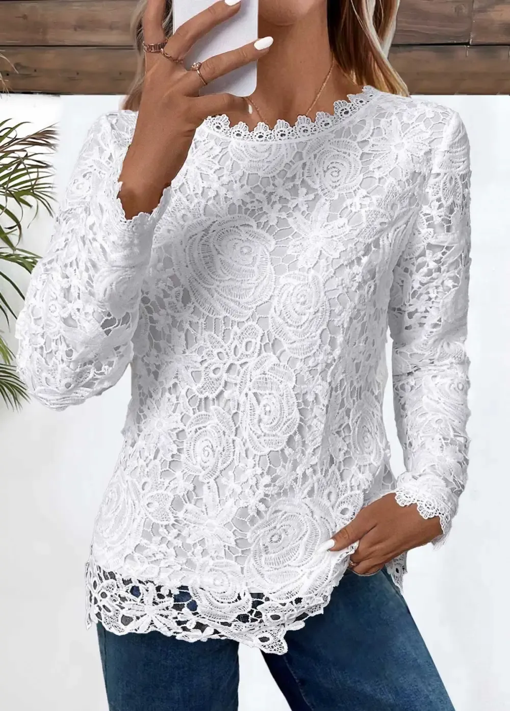 White Embroidery Long Sleeve Round Neck T Shirt