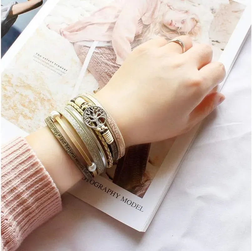 Fesciory Leather Wrap Bracelets for Women, Boho Leopard Multi-Layer Crystal Beads Cuff Bracelet Jewelry