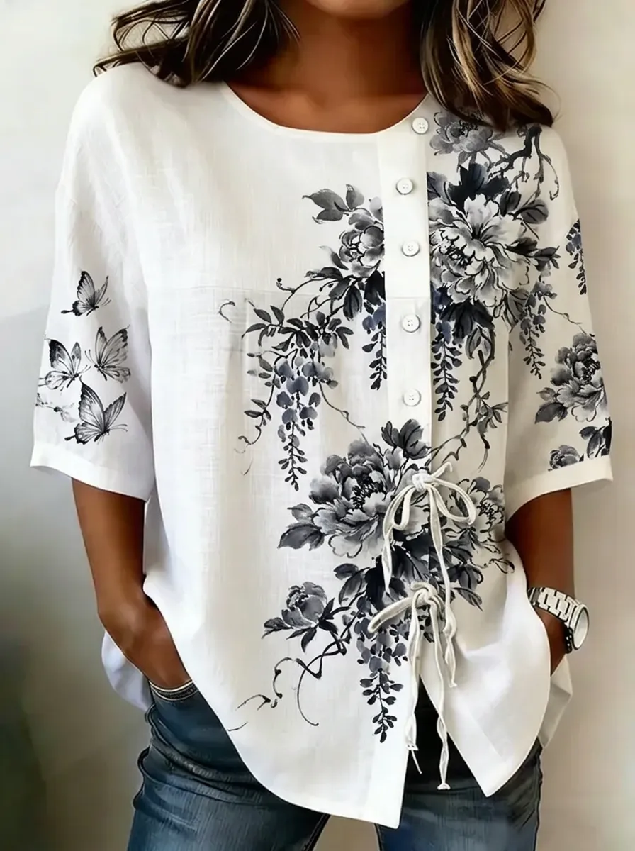 Women's Nashville Floral Butterfly Printed Button-Up Top