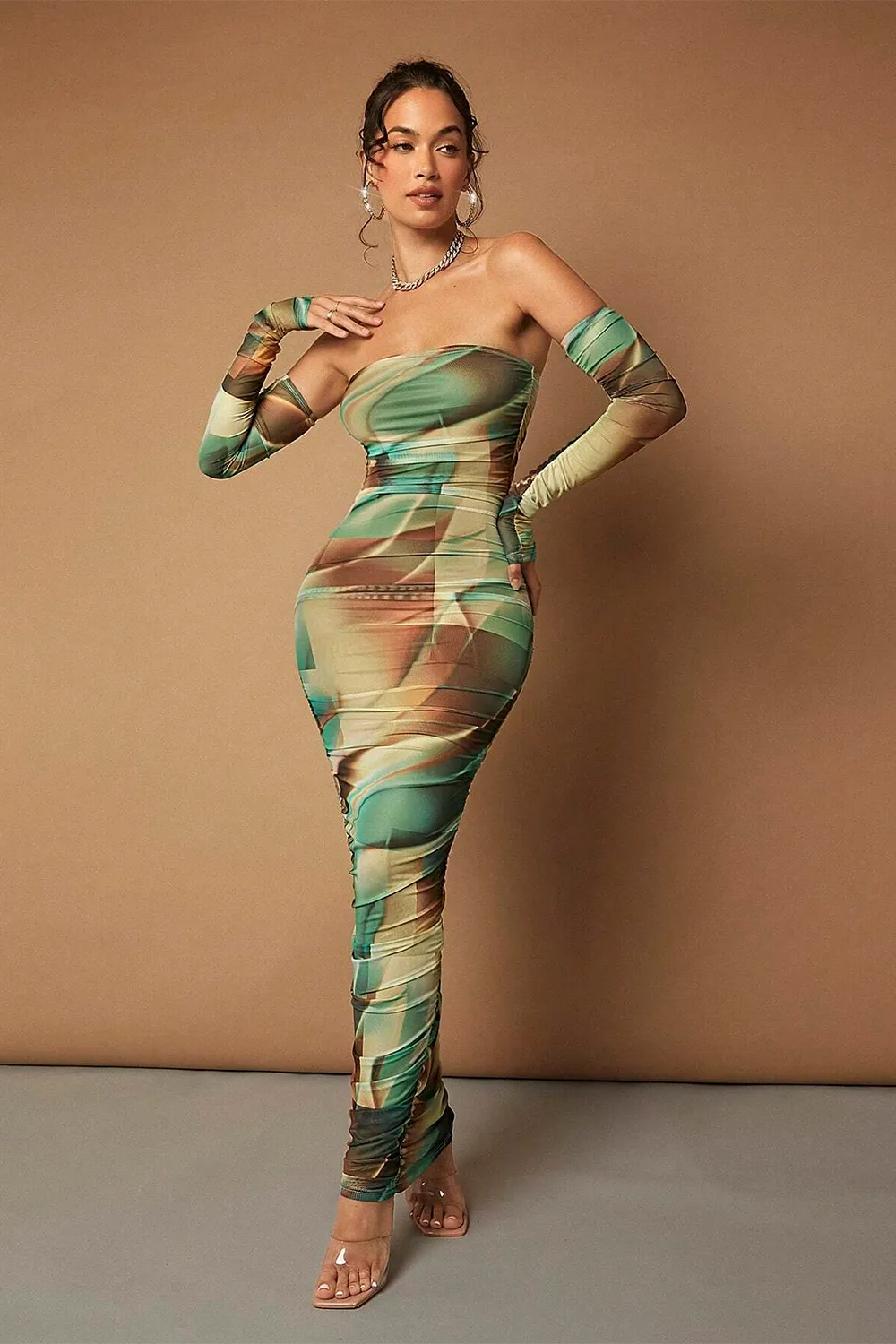BAE Tie Dye Off Shoulder Ruched Side Bodycon Dress