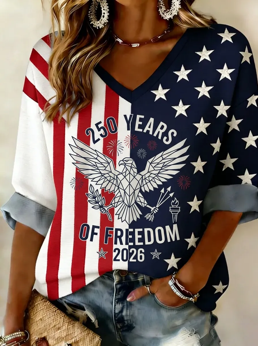 Women's USA Independence 250 Years Eagle Printed V-neck Top