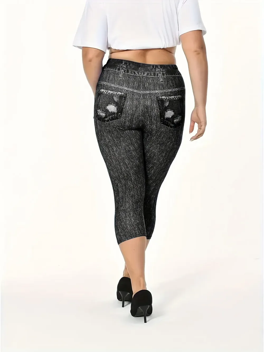 Plus Size Casual Leggings, Women's Plus Flag & Denim Print High Rise Stretchy Capri Leggings