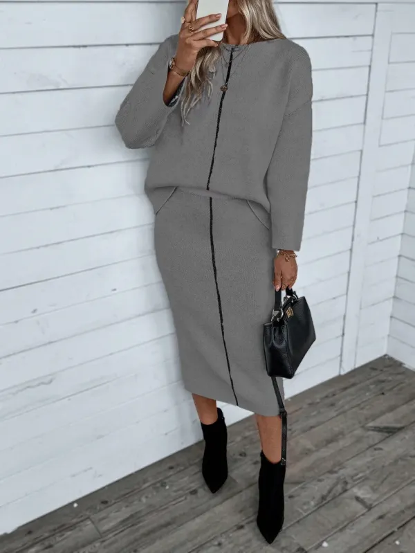 2024 New Fall Women's Drop Shoulder Long Sleeve Sweater & Elastic Waist Skirt Set