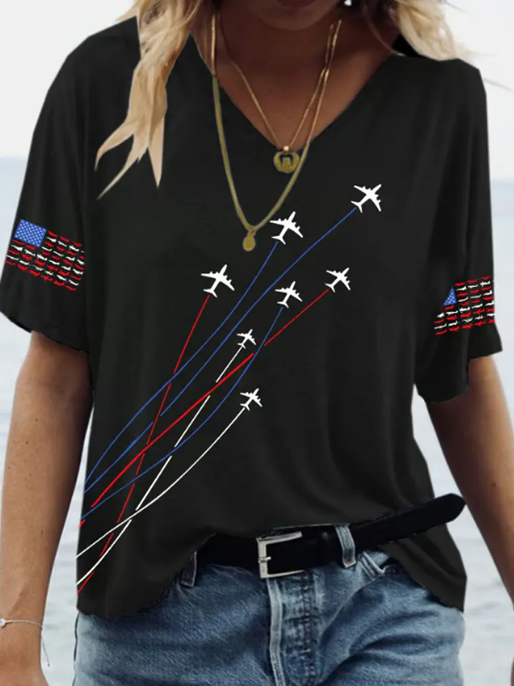 Women's Casual Independence Day Graphic Print V-neck Short Sleeve T-shirt