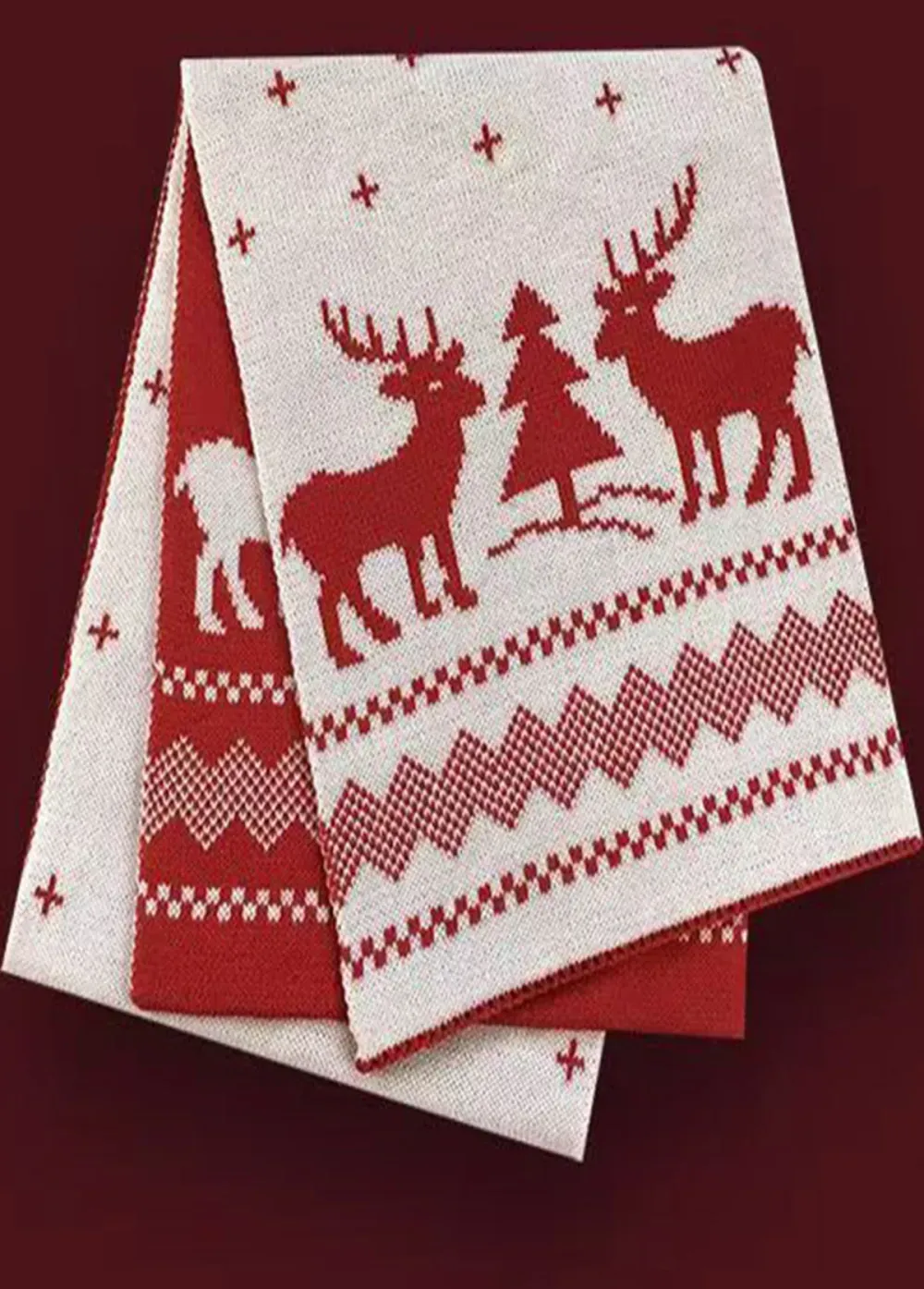 Christmas Wine Red Geometric Elk Print Scarf