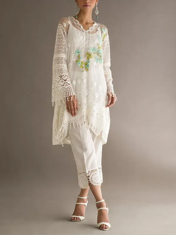 Lace Solid Color Top And Trouser Suit