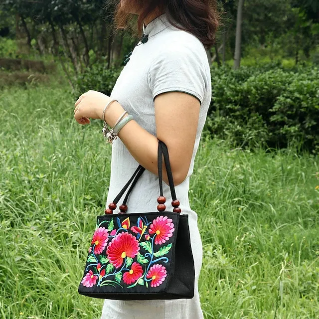 Women's Handbag Canvas Outdoor Holiday Embroidery Large Capacity Breathable Lightweight Folk Dark Red Black / Red Blue peacock