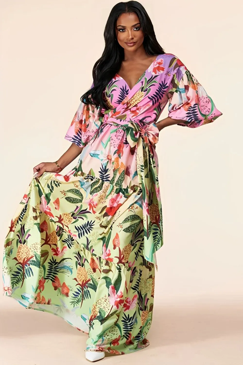Plus Size Surplice Bodice Flouncy Tiered Dress