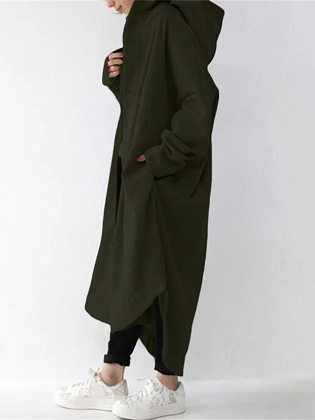 Women's Coat Street Fall Dusty Coat Casual Winter Windproof Long Coat with Pockets Regular Fit Warm Breathable Street Style Jacket Long Sleeve Plain Black Yellow Red