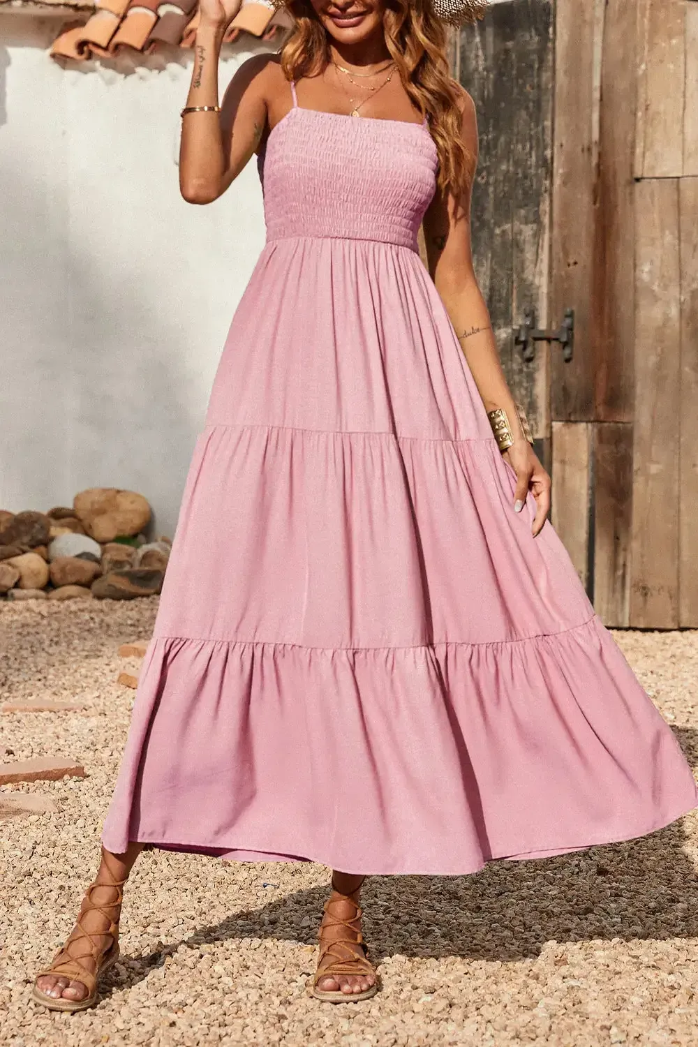 Sleeveless Spaghetti Strap Smocked Tiered Maxi Dress