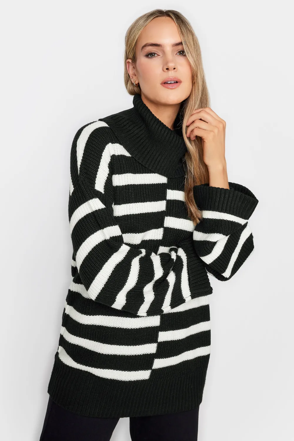 LTS Tall Black Stripe Print Roll Neck Jumper