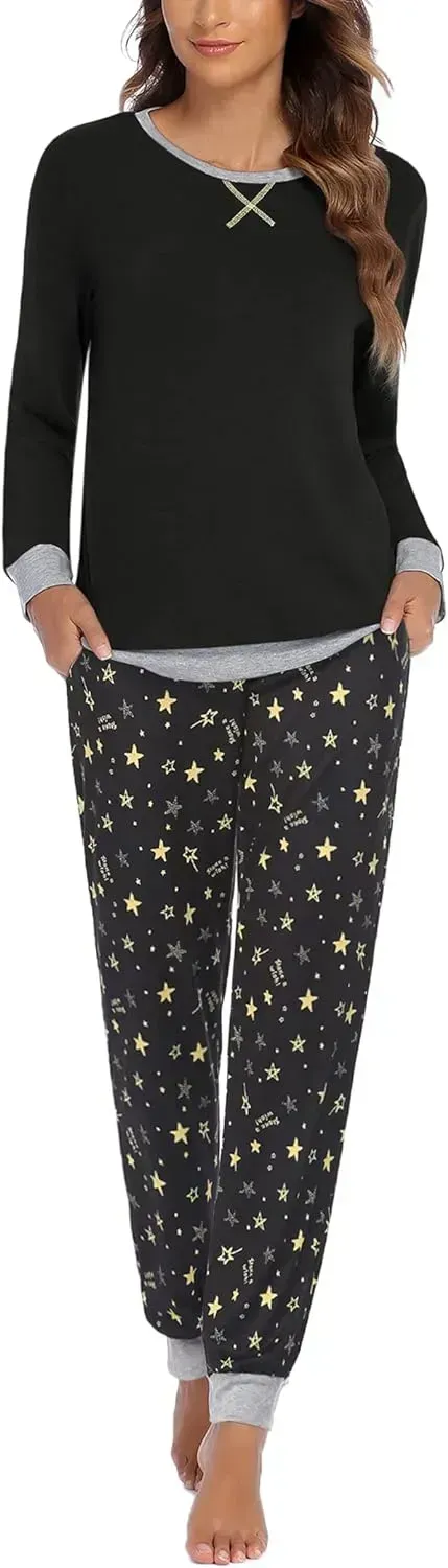 Women's Pajamas Sets Long Sleeve with Plaid Pants Soft Sleepwear O Neck 2 Piece Pjs Joggers Loung Set with Pockets