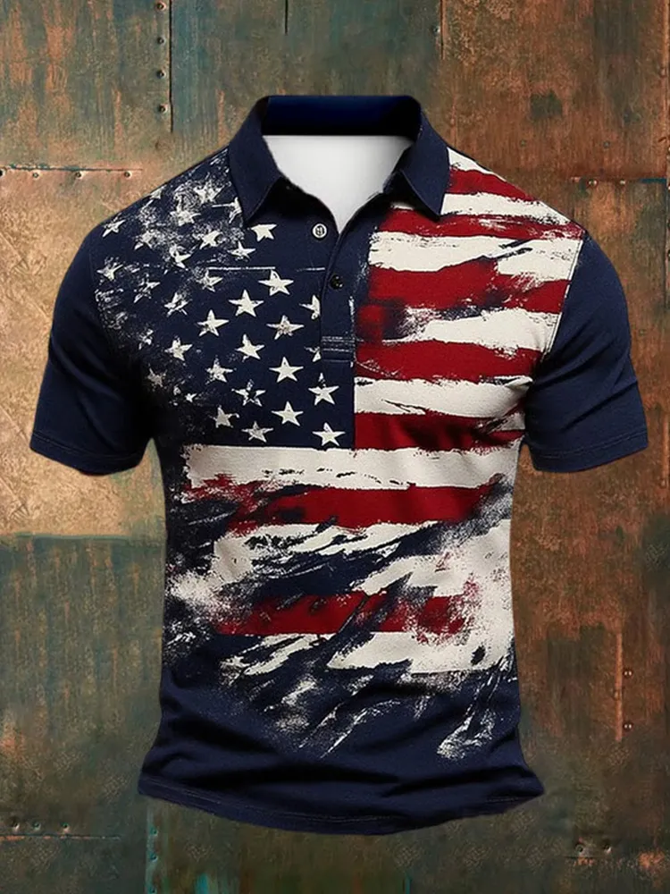 Men's Retro Independence Day Flag Print Polo Shirt