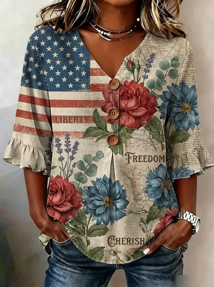 Women's Nashville Patriotic Floral Flag Printed V-neck Top