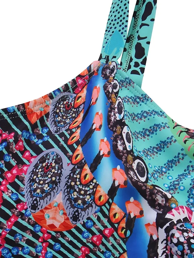 Women's Swimwear Tankini 2 Piece Normal Swimsuit 2 Piece Modest Swimwear Open Back Printing Color Block Blue Camisole Strap Bathing Suits New Vacation Fashion