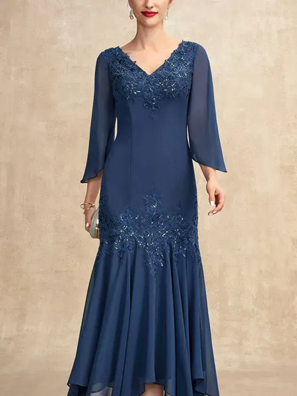 V-neck Ankle-Length Chiffon Mother of the Bride Dress With Appliques Lace Sequins