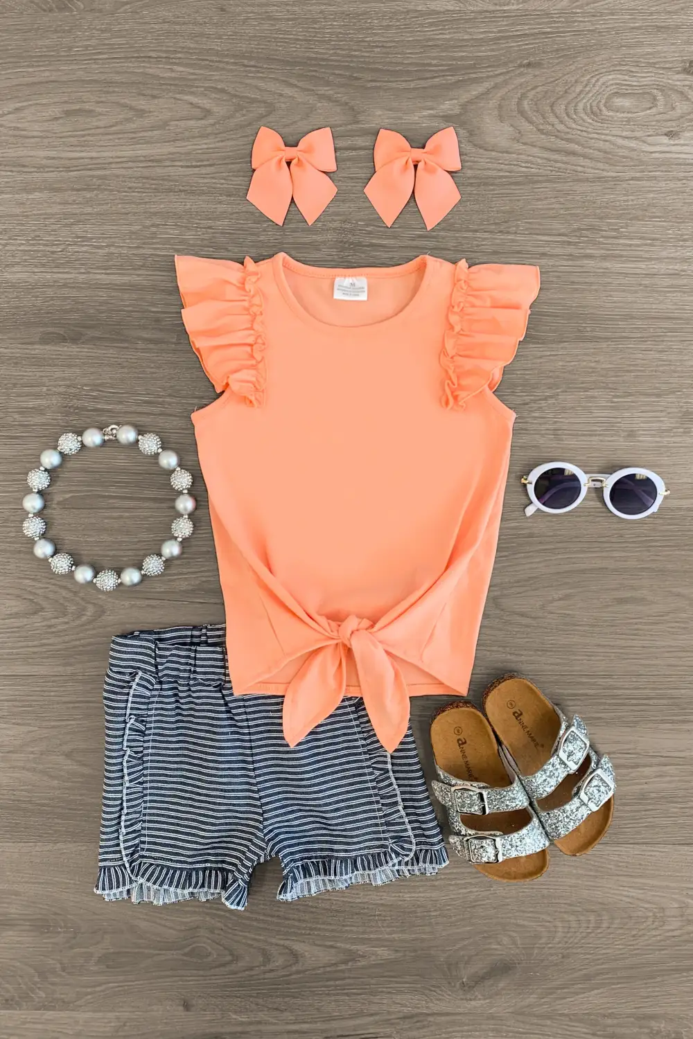 Coral Tie Top Stripe Ruffle Short Set