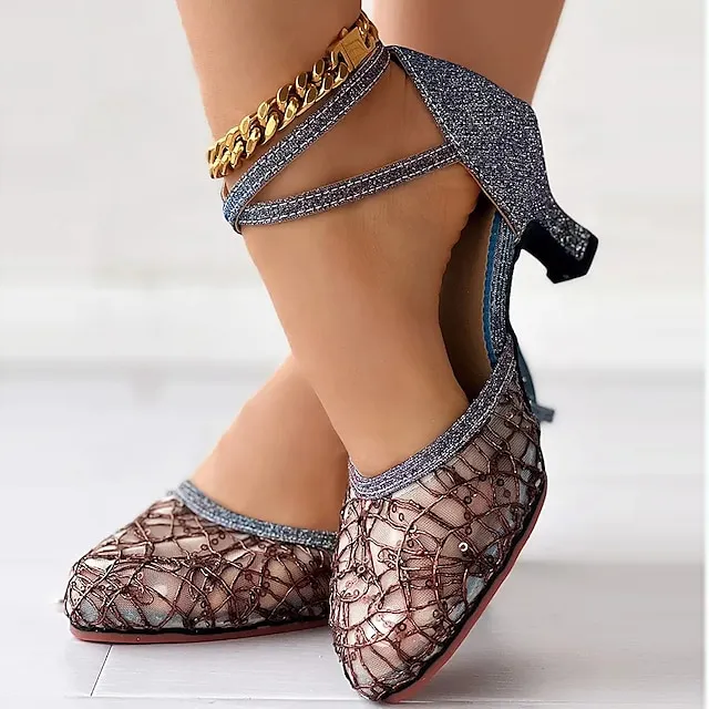 Women's Heels Wedding Shoes Sandals Sexy Shoes Stilettos Comfort Shoes Outdoor Daily Summer Sequin Low Heel Pointed Toe Fashion Elegant Sexy Mesh Cross Strap Solid Color Black 5.5cm Black 3.5cm Blue