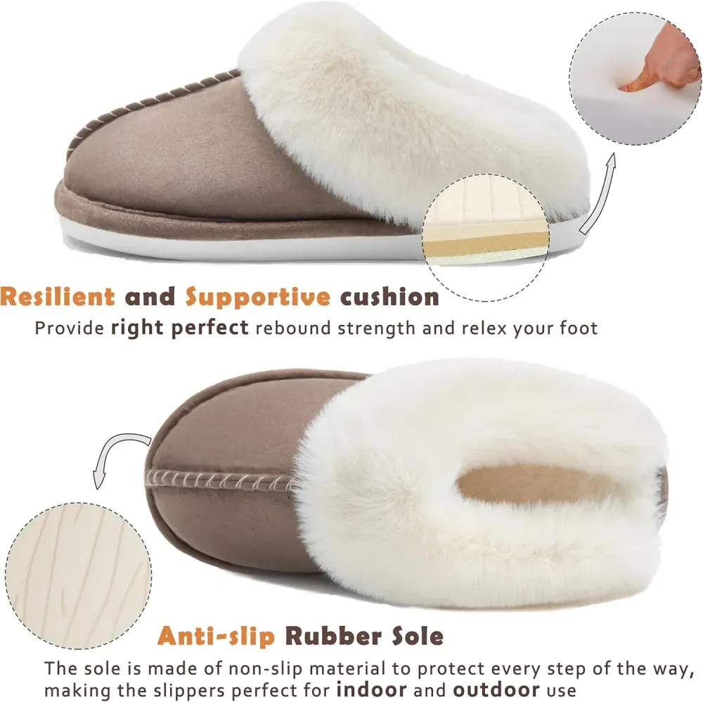 Womens Slipper with Memory Foam Fluffy Soft Warm Slip On House Slippers Anti-Skid Cozy Plush for Indoor Outdoor